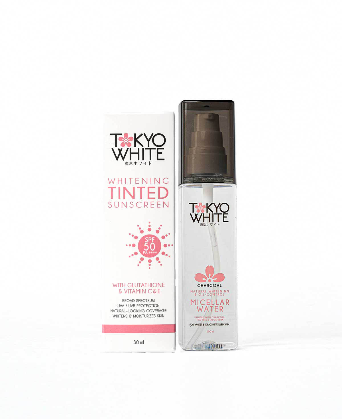 Tokyo White Whitening Tinted Sunscreen with Glutathione and Tokyo White Sakura Natural Whitening & Anti-Aging Micellar Water